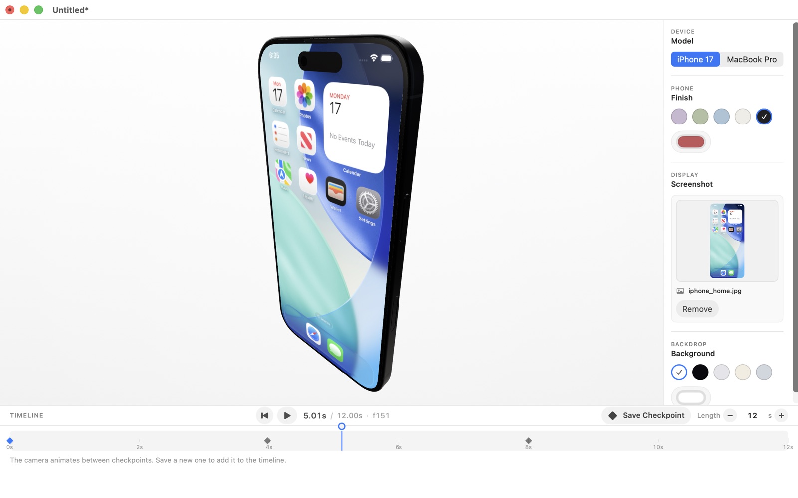 iPhone 17 in 3D, three-quarter view, in YomMock